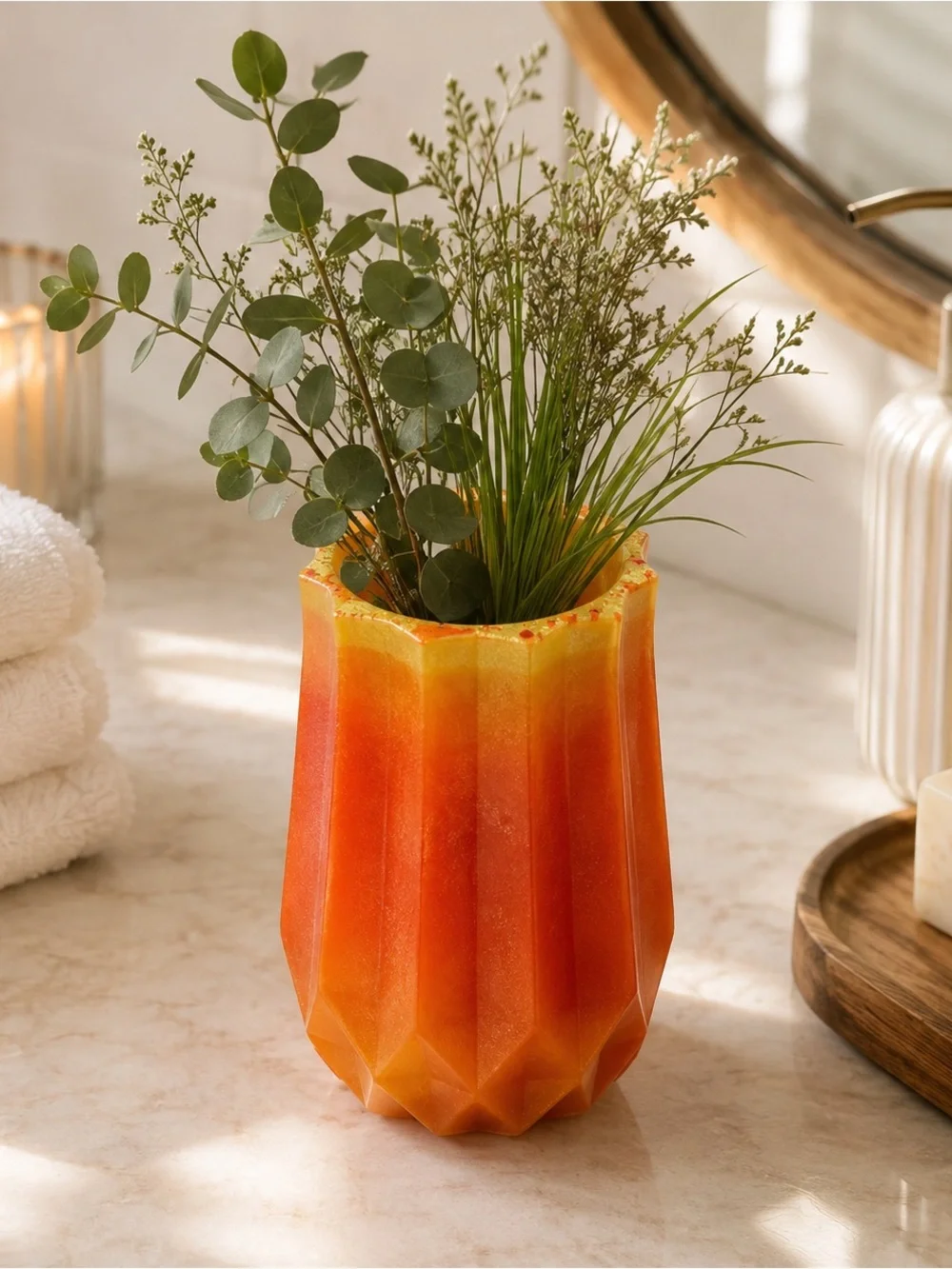 Gradient Orange & Yellow Faceted Decorative Vase